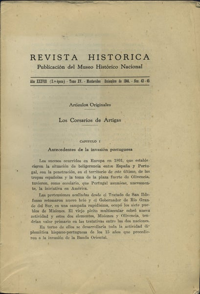 Item #42142 Los Corsarios de Artigas. Revista Historica. Año XXXVIII, T. XV. Diciembre de 1944. Nos. 43-45. Uruguay, Juan E. Pivel.