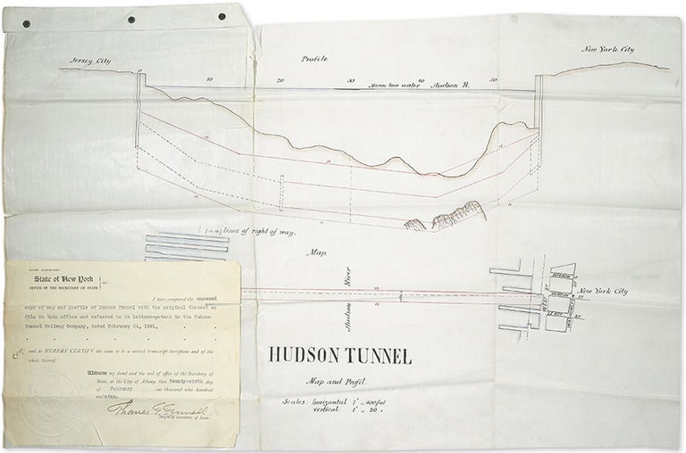 Item #42908 Hudson Tunnel Map and Profil [sic]. [Profile of the first tunnel under the Hudson River, with Certificate]. New York City, Office of the Secretary of State. Hudson Tunnel Railway Company.