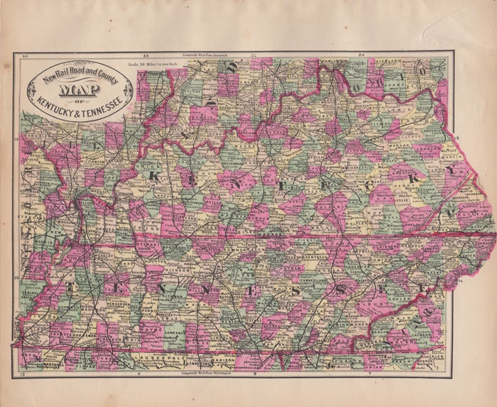 Cram, George F. - New Rail Road and County Map of Kentucky & Tennessee