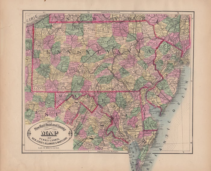 Item #43530 New Rail Road and County Map of Pennsylvania, New Jersey, Delaware, and Maryland. George F. Cram.