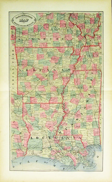 New Rail Road and County Map of Arkansas, Louisiana & Mississippi by George  F. Cram on Kaaterskill Books