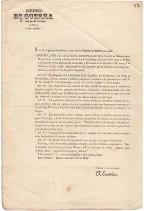 Archive of 47 Mexican Manuscript and Printed Documents -Laws, Decrees, Circulars- from the Ministry of War and Navy: June - December 1853.