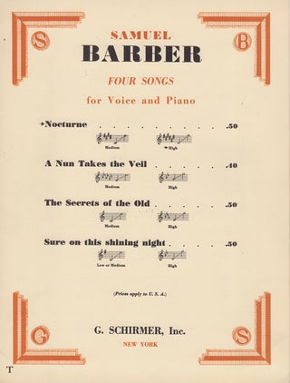 Item #43668 Nocturne [from] Samuel Barber: Four Songs for Voice and Piano. Frederic. Barber...