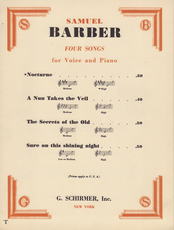 Item #43668 Nocturne [from] Samuel Barber: Four Songs for Voice and Piano. Frederic. Barber Prokosch, Samuel.