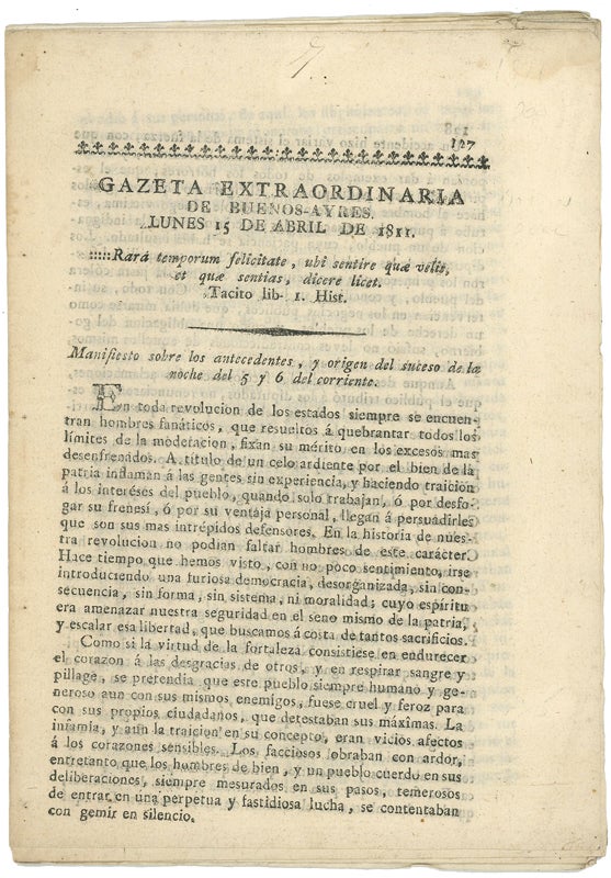 Item #43697 Gazeta Extraordinaria de Buenos-Ayres, Lunes 15 de Abril de 1811. Buenos Aires, Gregorio Funes.