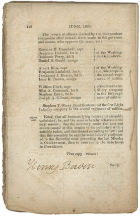 June, 1836. At the General Assembly of the State of Rhode Island and Providence Plantations, begun and holden by adjournment at Newport, within and for said State, on the Third Monday in June, in the Year of our Lord One Thousand Eight Hundred and Thirty Six, and of Independence the Sixtieth.