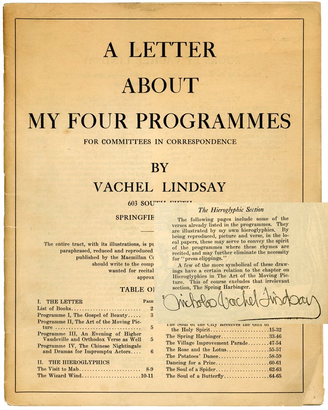 Item #43769 A Letter about my Four Programmes, for Committees in Correspondence [with holograph revisions]. Vachel Lindsay.