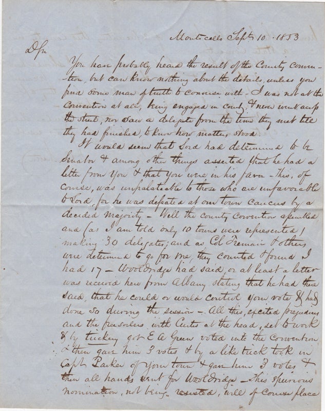 Item #43806 [Two Manuscript Letters Signed Concerning Political Maneuvers at the Sullivan County, NY, Democratic Convention, in 1853. New York. Sullivan County, John C. Holly, Archibald C. Niven.