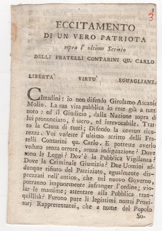 Item #43809 Eccitamento di un vero patriota sopra l'ultimo scritto delli fratelli Contarini qu. Carlo. L L., Giuseppe Albertani.