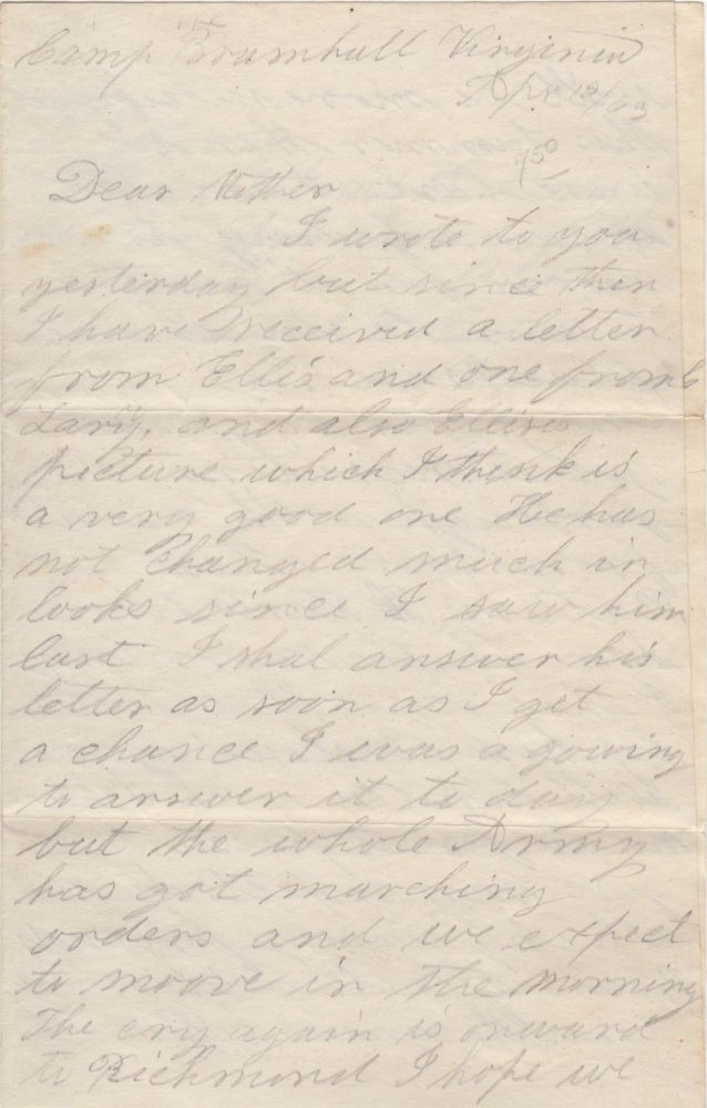 Item #43823 [Autograph Letter Signed] Union Soldier Franklin Moore Writing to his Mother from Camp Bramhall, Virginia, on his way to Richmond. F. Moore, Franklin.