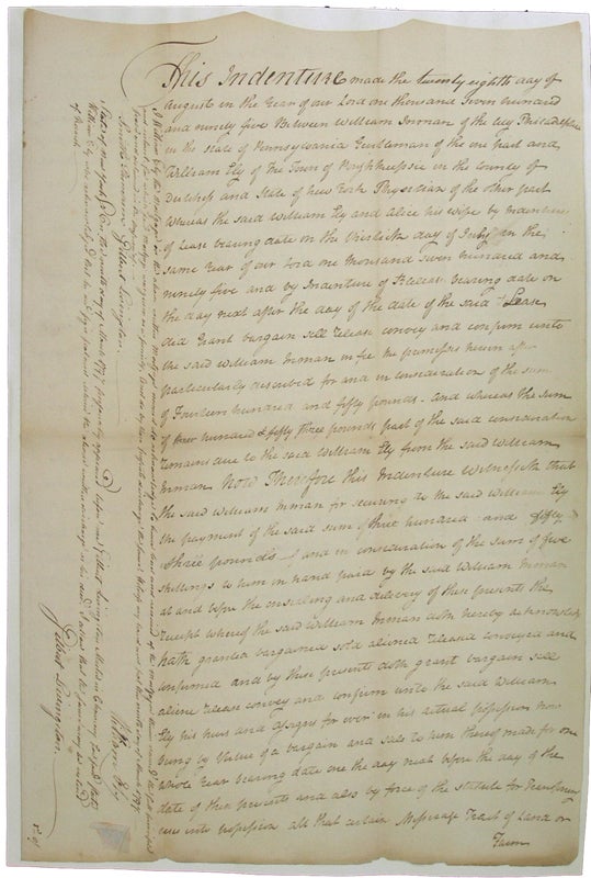 Item #43861 [Signed Indenture] Mortgage for Land in Poughkeepsie, Dutchess County, New York; Sold to William Inman of Philadelphia by William Ely. Smith Thompson, Robert H. Livingston, Gilbert Livingston, Cadwallader Colden.