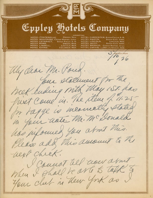 Item #43865 [Autograph Letter Signed] While on Tour after his Court-martial, Colonel William "Billy" Mitchell to James B. Pond, his Lecture Agent. William "Billy" Mitchell.