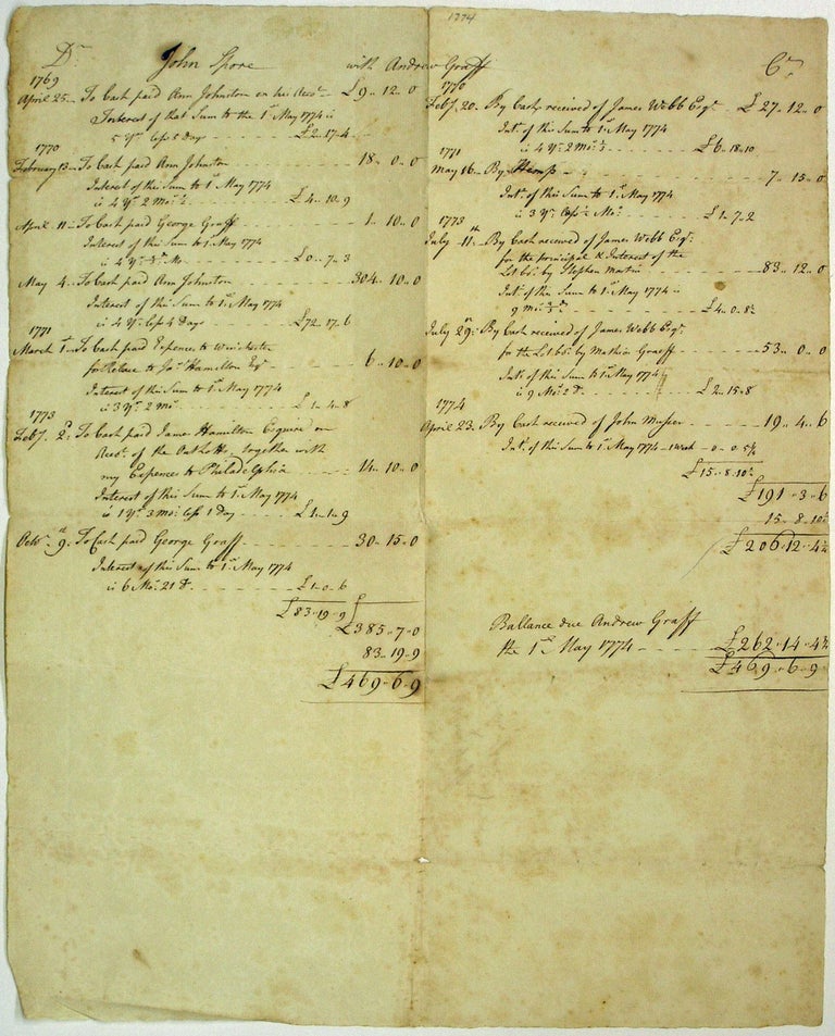 Item #43962 [Manuscript] John Spore and Andrew Graff Ledger from April 1769 through April 1774. Andrew Graff, John Spore.