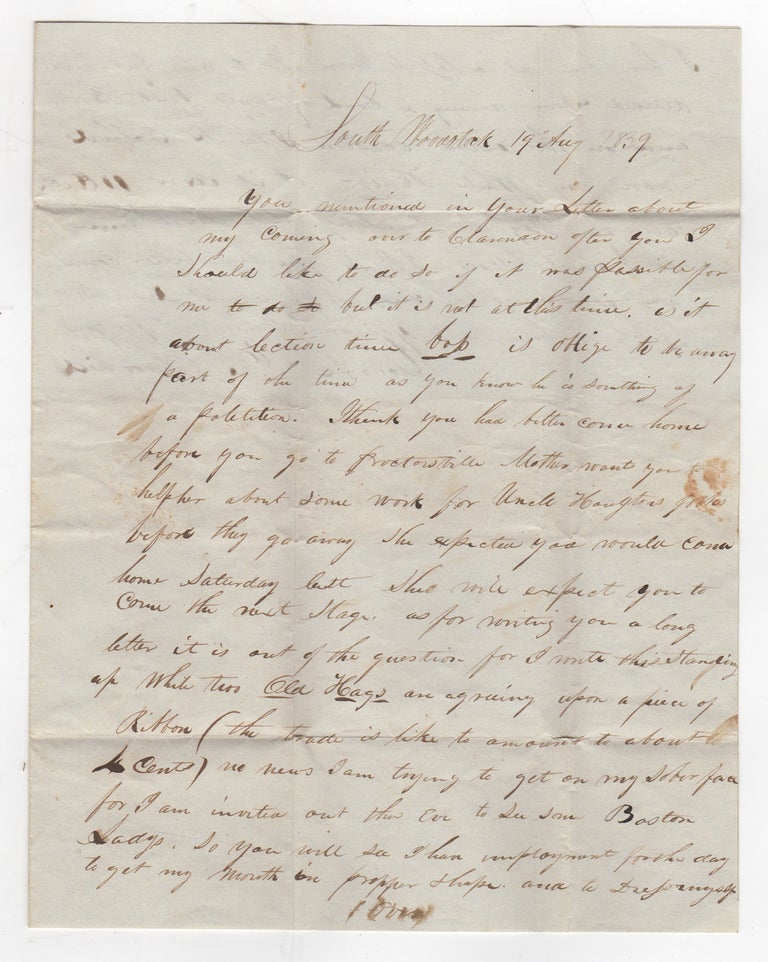 Item #44008 [Autograph Letter Signed] E.J. Churchill of South Woodstock, Vermont, Writes to his sister H.E. Churchill in Clarendon Springs. E. J. Churchill.