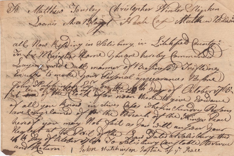 Item #44024 [Manuscript Writ Signed Twice] Vermont Justice of the Peace John Hutchinson Summons Six Residents to Appear Before Him in Court. Vermont, John. Camp Hutchinson, Luke.