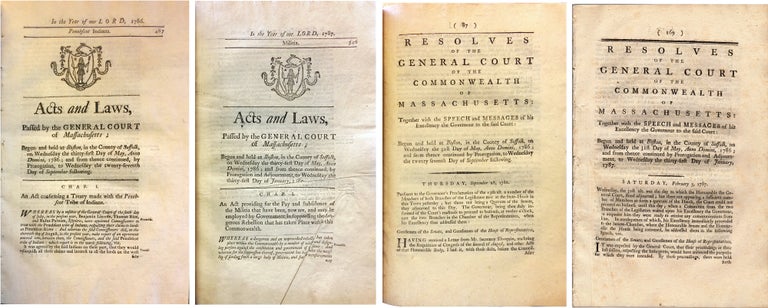 Item #44052 [Four Documents on Shays' Rebellion] Acts and Laws, Passed by the General Court of Massachusetts... on Wednesday the Thirty-first day of May, Anno Domini, 1786... to Wednesday the Twenty-seventh day of September following [bound with] Acts and Laws... to Wednesday the Thirty-first day of January, 1787 [bound with] Resolves of the General Court of the Commonwealth of Massachusetts: Wednesday the Thirty-First Day of May, Anno Domini, 1786 and from thence continued by prorogation, to Wednesday the twenty-seventh day of September following [with] Resolves... to Wednesday the thirty-first day of January, 1787. Shays' Rebellion, Massachusetts.
