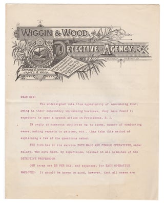 Item #44089 [Typed Letter Signed] Wiggin & Wood Detective Agency of Boston Announces its New...