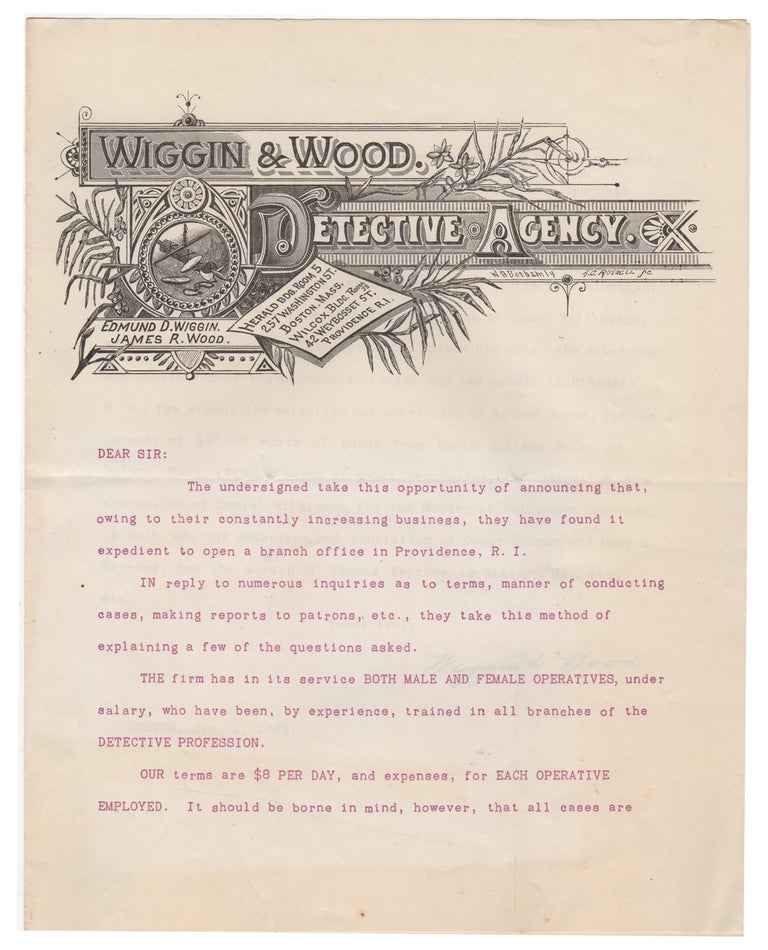 Item #44089 [Typed Letter Signed] Wiggin & Wood Detective Agency of Boston Announces its New Branch in Providence, Rhode Island. Crime, Wiggin, Wood Detective Agency.