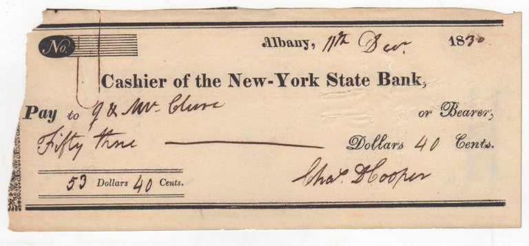 Item #44097 [Autograph] Signed Check of Charles D. Cooper, the New York Politician who Spurred the Hamitlon-Burr Rivalry to its Fateful Conclusion by his Published Letter. Alexander Hamilton, Charles D. Cooper.