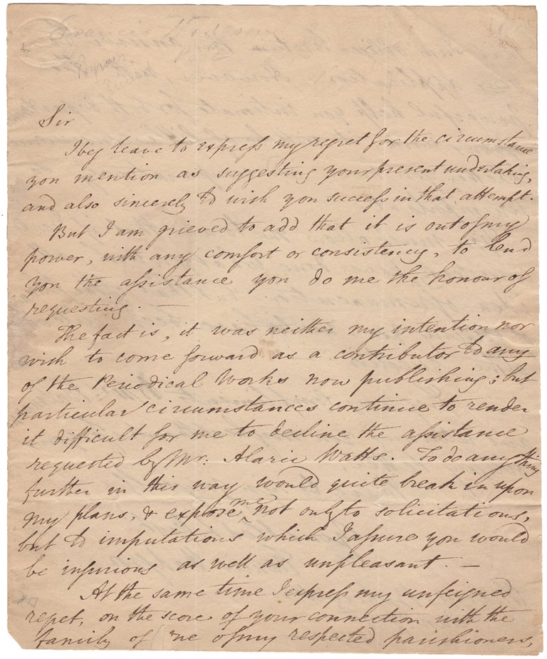 Item #44113 [Autograph Letter Signed] Francis Hodgson Regrets to Decline Robert Balmanno's Offer. Byron's Circle, Francis Hodgson.