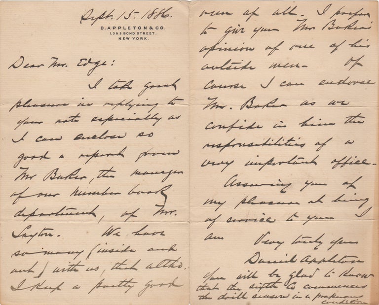 Item #44119 [Autograph Letter Signed] Letter of Recommendation from D. Appleton & Co. Publishing. Daniel Sidney Appleton.