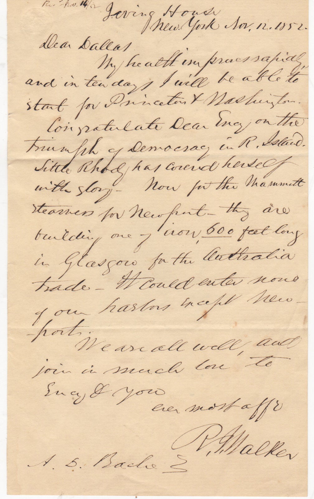 Walker, R. [Robert J.] - [Autograph Letter Signed] R. Walker to A.D. Bache Concerning Newport & Rhode Island