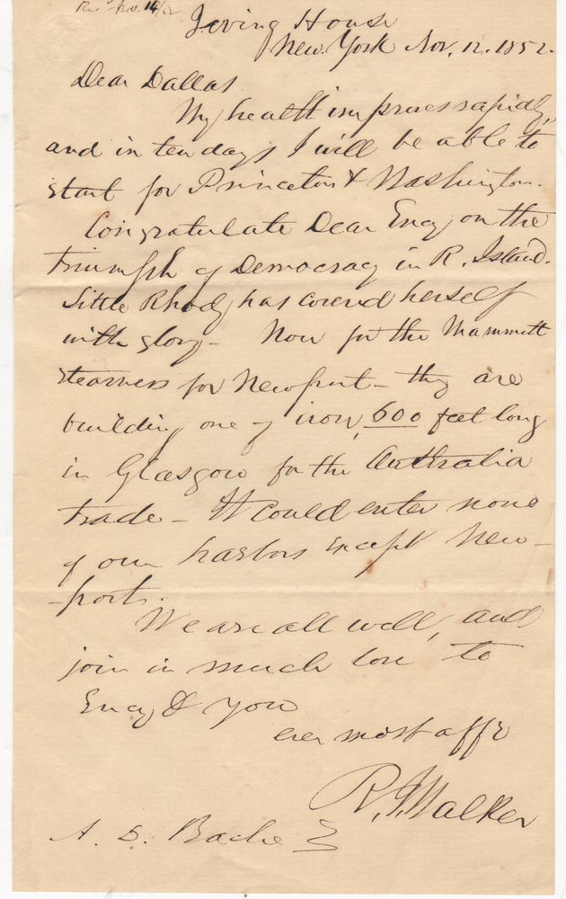 Item #44214 [Autograph Letter Signed] R. Walker to A.D. Bache concerning Newport & Rhode Island. R. Walker, Robert J.