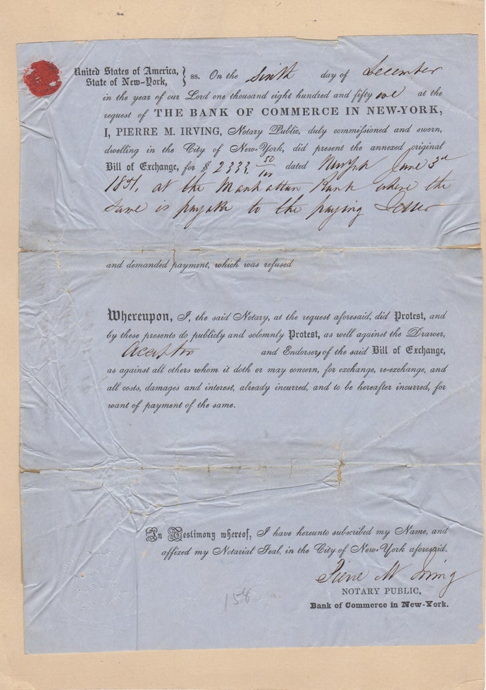 Item #44221 [Printed Document Completed in Manuscript] The Bank of Commerce in New-York, Statement for Bill of Exchange, Signed by Notary Public, Pierre M. Irving. Pierre Irving, State of New York.