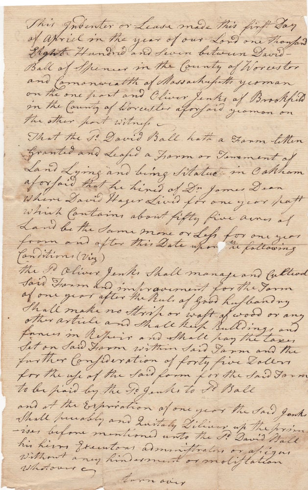 Item #44231 [Manuscript Indenture Signed] Lease for Land in Worcester County, Massachusetts, 1807. Massachusetts Worcester.