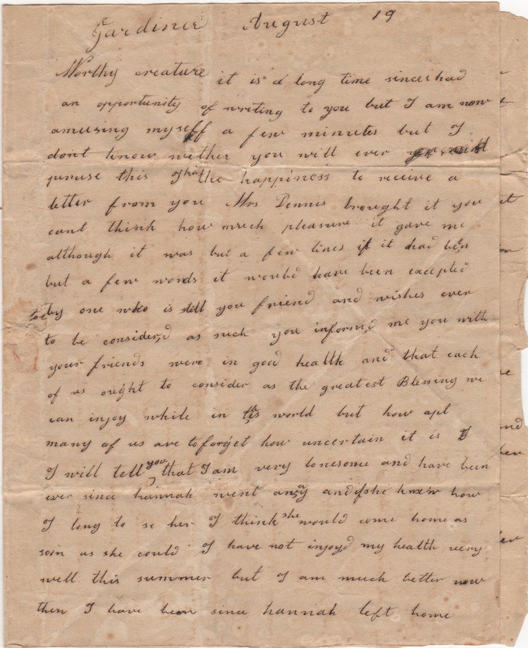 Item #44234 [ALS] Correpondence of a Young Massachusetts woman to her friend speaks of lonliness and health. Catharine Fuller.