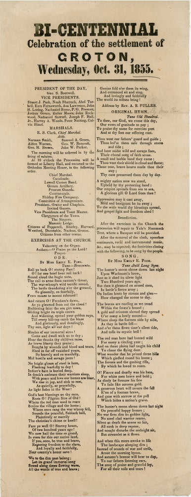 Item #44301 [Broadside] Bi-Centennial Celebration of the Settlement of Groton, Wednesday, Oct. 31, 1855. Massachusetts Groton, Emily E. Poor.