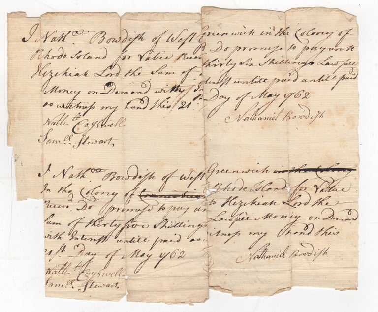 Item #44317 [Manuscript Document Signed] Colonial Rhode Island Promissory Notes. Rhode Island, Nathaniel Bowdish.