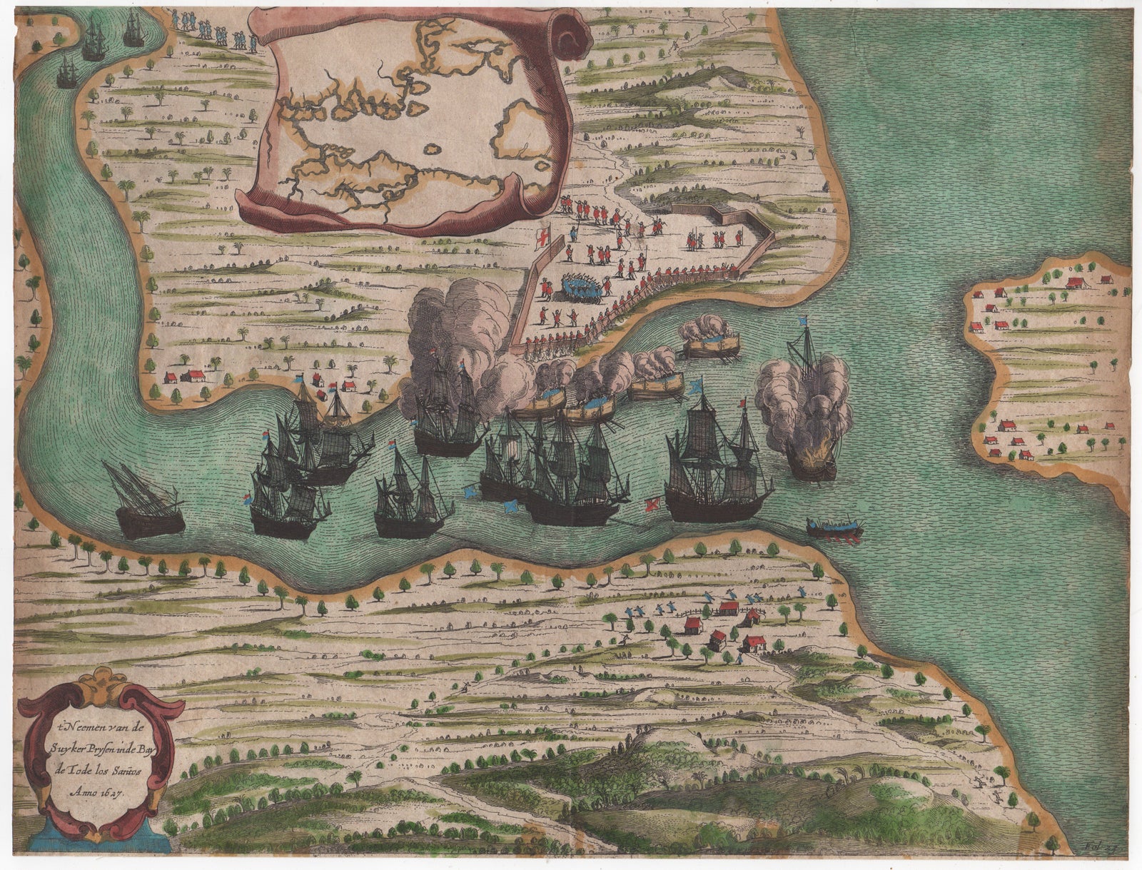[Brazil] [Commelin, Isaac] - [Copper-Engraved Map] T'Neemen Van de Suyker Prysen Inde Bay de Tode Los Santos Anno 1627