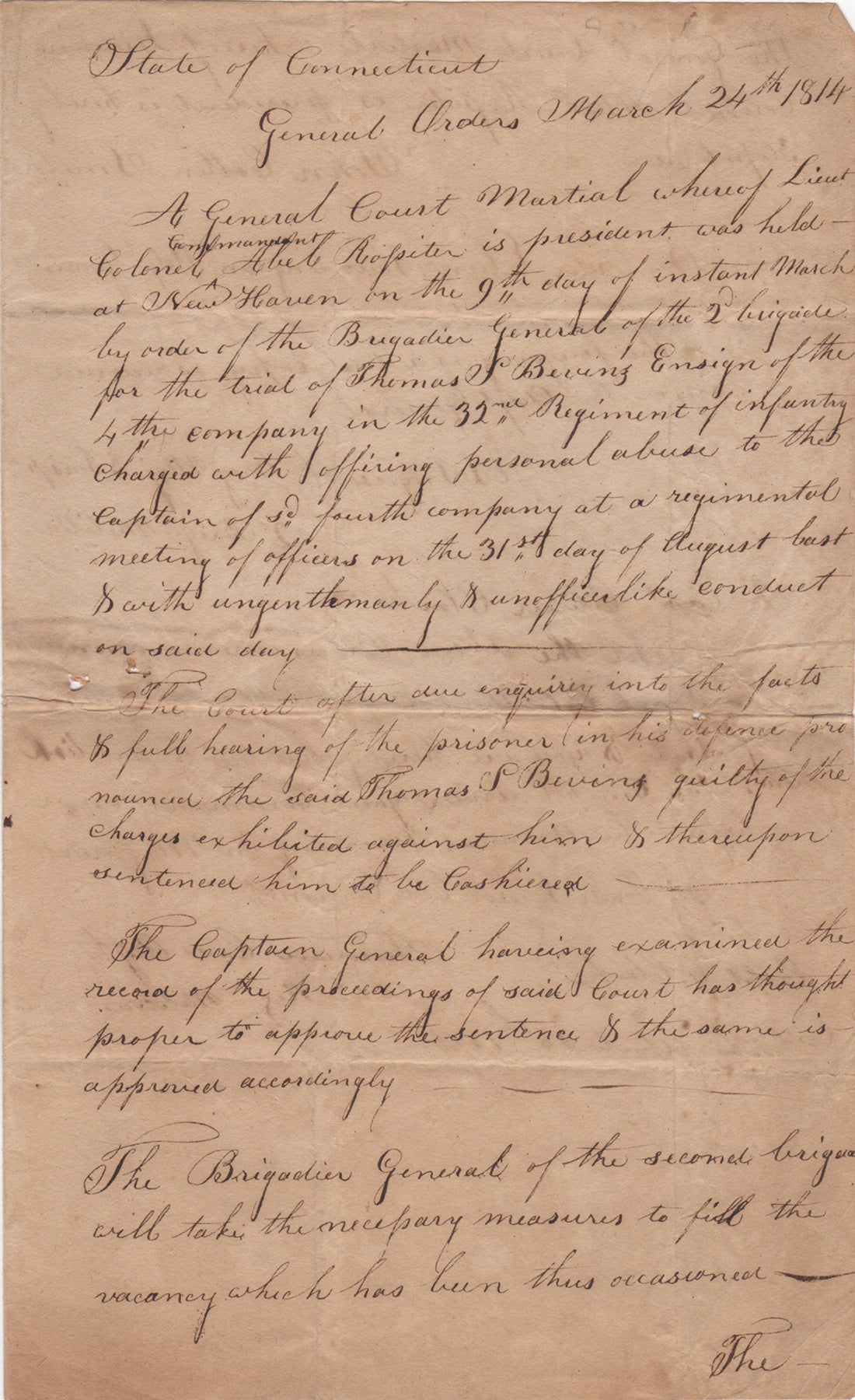 [War of 1812. Connecticut. Law] - [Manuscript Document Signed] [Court Martial of Thomas Bevins] State of Connecticut. General Orders March 24th 1814