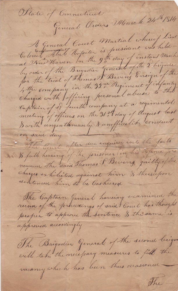 Item #44611 [Manuscript Document Signed] [Court Martial of Thomas Bevins] State of Connecticut. General Orders March 24th 1814. War of 1812. Connecticut. Law.