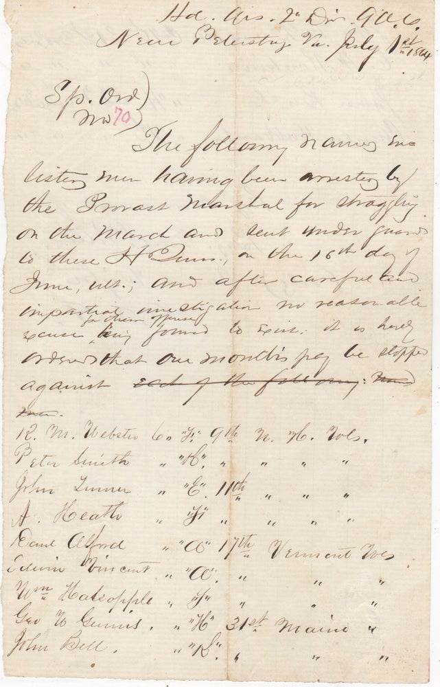 Item #44623 [Manuscript Document Signed] Brigadier General Potter Issues a Special Order to Withhold One Month's Pay for Soldiers "Straggling on the March" Edward Elmer Potter.