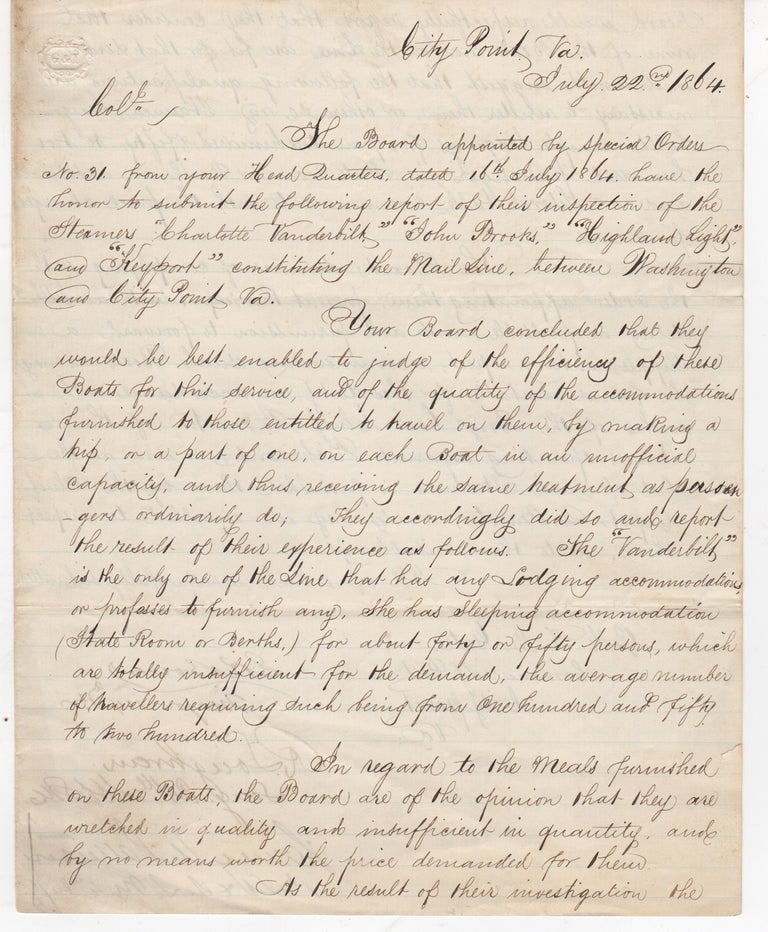Item #44625 [Autograph Document Signed] Report of Board of Inspection Pursuant to Special Orders No. 31. Headquarters Post & Defences. Virginia City Point, Rufus. Gates Ingalls, Theodore B.