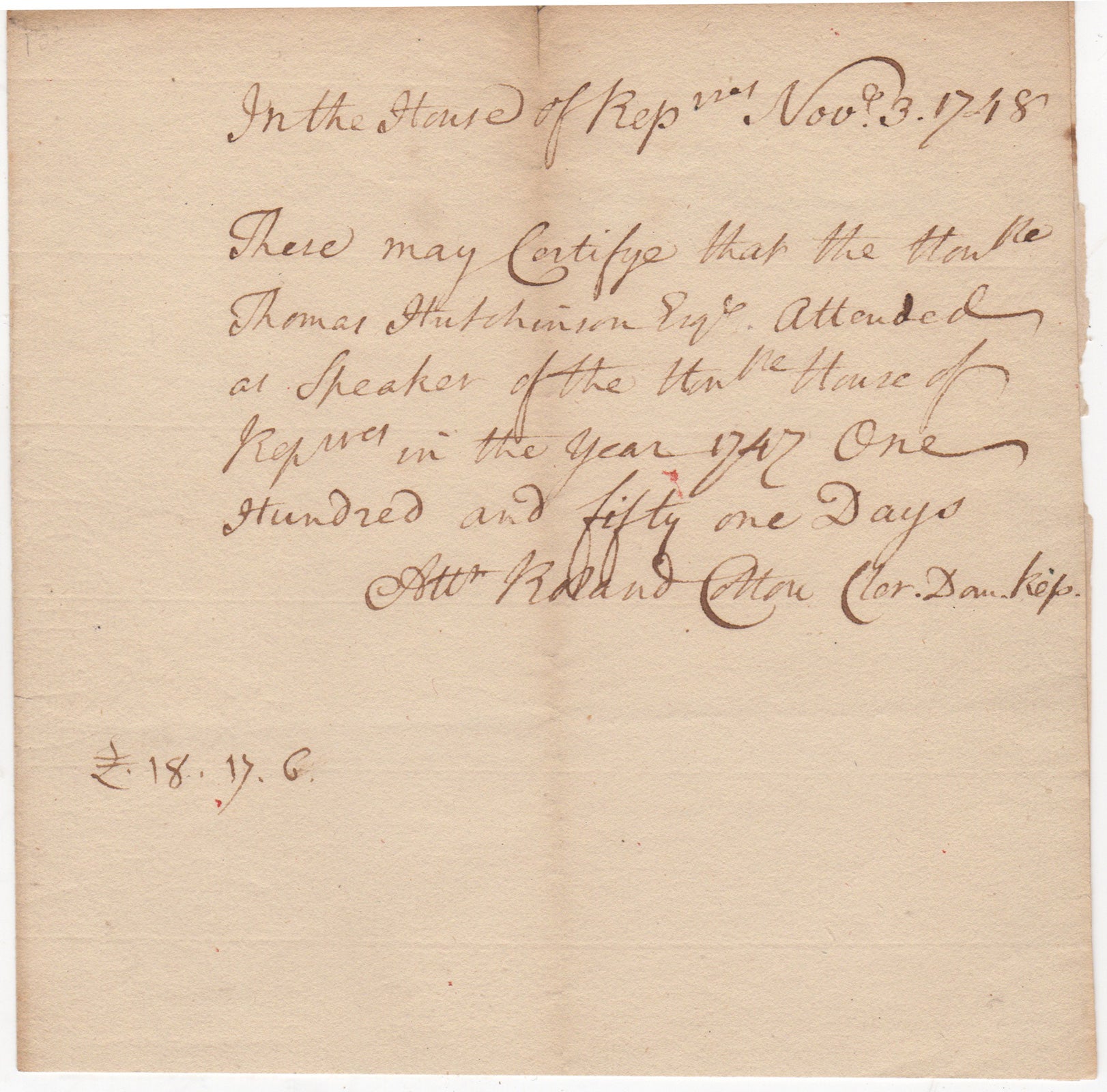 Hutchinson, Thomas - [Colonial Manuscript Document] in the House of Rep[Resentatives] Nov. 3. 1748
