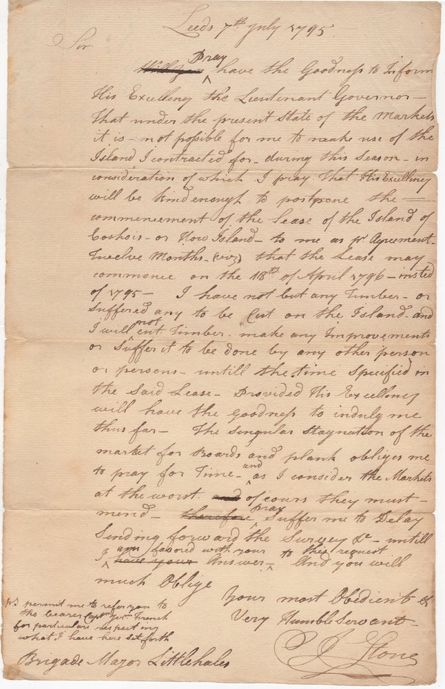 Item #44631 [Archive] Three ALS by Colonel Joel Stone Concerning Loyalists in Upper Canada, one on verso of rare Printed Document. Loyalist. Canada, Joel Stone.