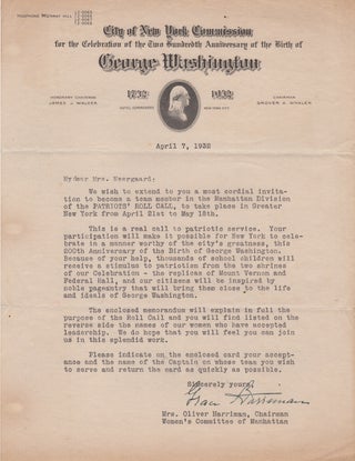 Item #44648 [Typed Letter Signed] Grace Harriman Recruits for Manhattan's Patriot's Roll Call, to...