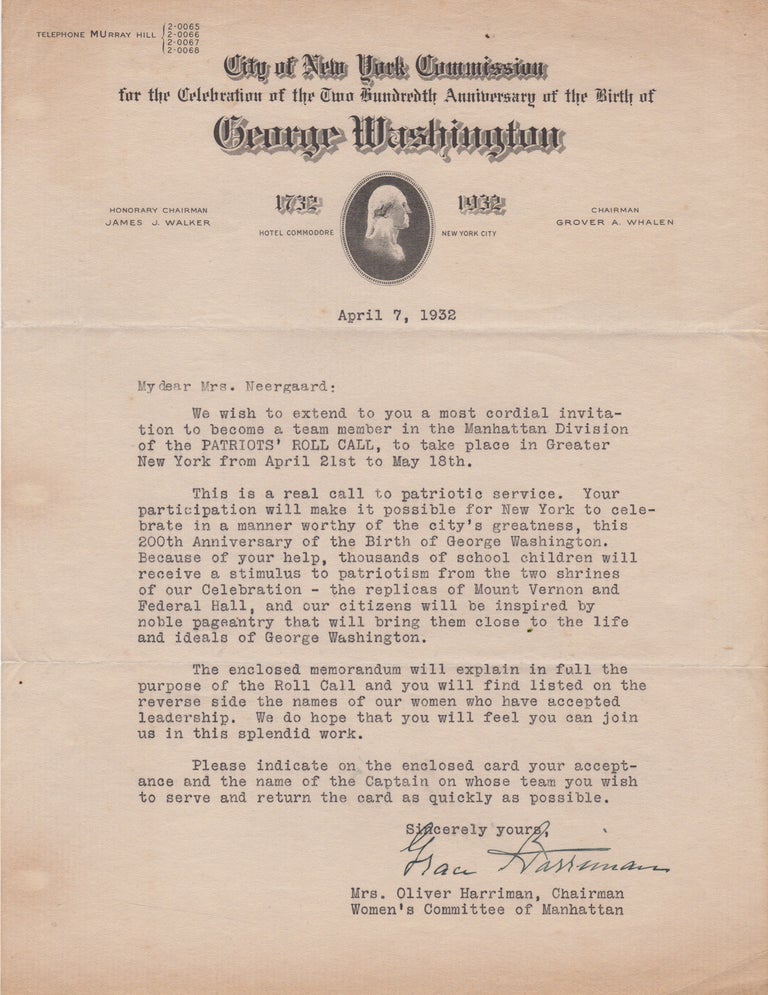 Item #44648 [Typed Letter Signed] Grace Harriman Recruits for Manhattan's Patriot's Roll Call, to Celebrate the 200th Anniversary of the Birth of George Washington. George Washington, Grace Harriman, Mrs. Oliver.
