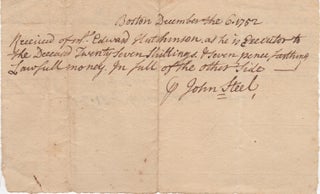 Item #44666 [Manuscript Receipt Signed] Payment Received from the Estate of Edward Hutchinson for...