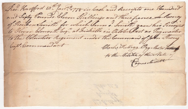Item #44669 Revolutionary War Pay Receipts Signed by Reuben Smith, who served under John Strong, and Paymaster, Charles Kellogg. American Revolution. Connecticut Militia.