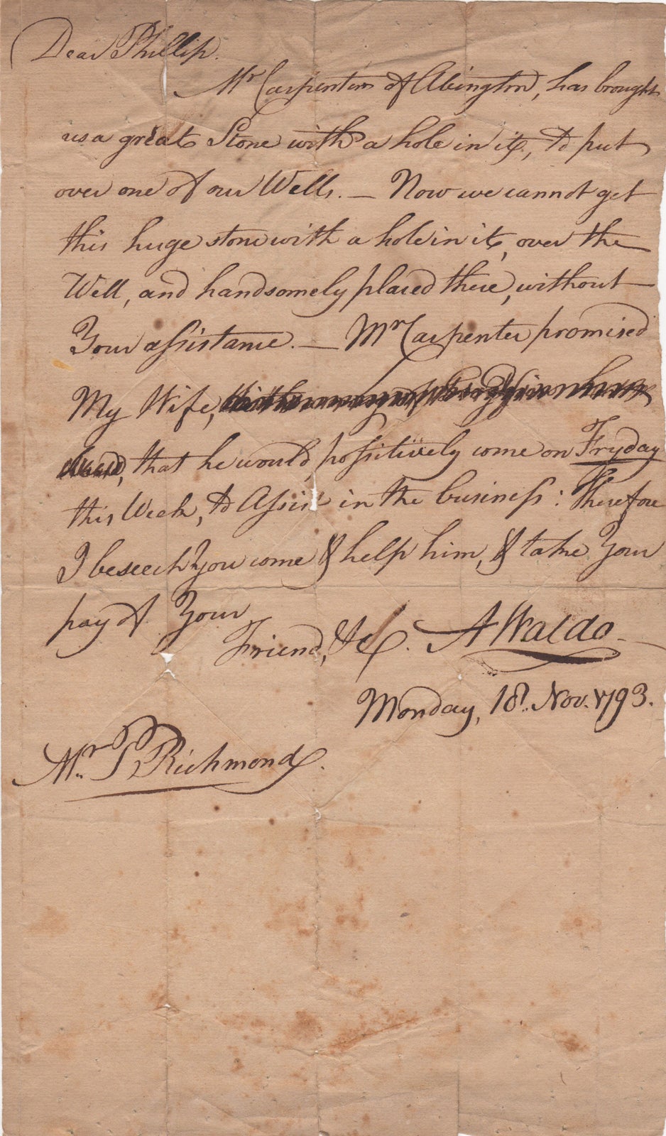 [Connecticut] Waldo, A. [Albigence] - [Als] Surgeon General of the Revolutionary Army Who Recorded His Sufferings at Valley Forge Needs Help with His Well