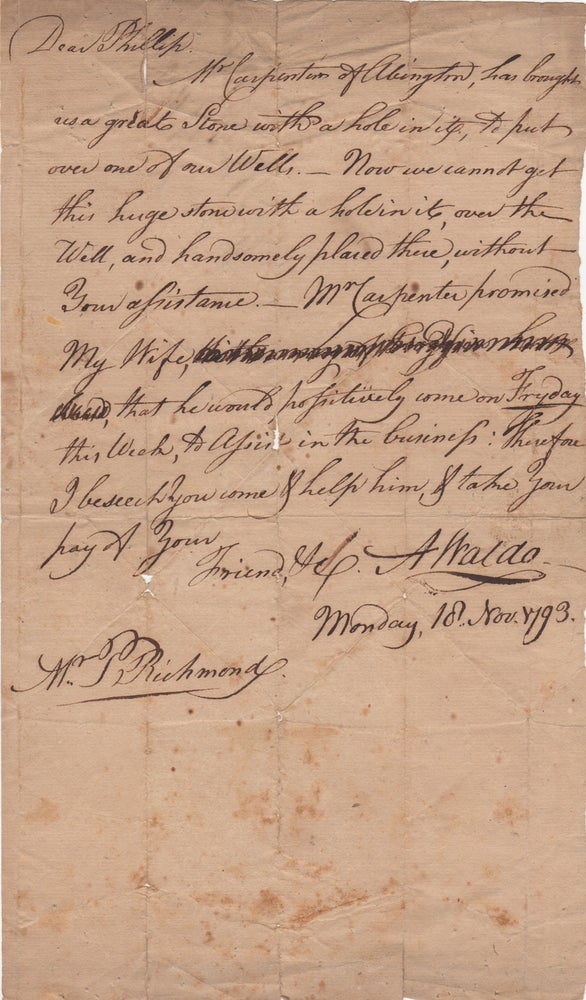 Item #44674 [ALS] Surgeon General of the Revolutionary Army who recorded his sufferings at Valley Forge needs help with his Well. Connecticut, A. Waldo, Albigence.