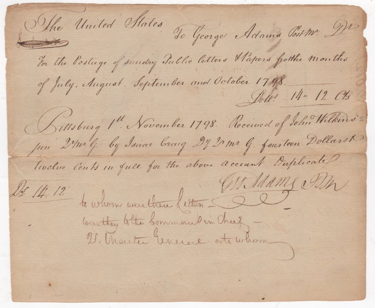 Item #44682 [Manuscript Receipt Signed] Balance for the Postage of Post Master General, George Adams, July through October, 1798. Postal, George Adams.