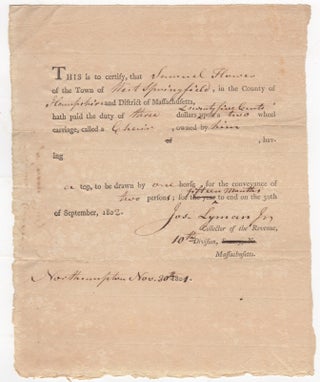 Item #44701 [Printed Document Completed in Manuscript] Duties Collected for a Wheel Carriage in...