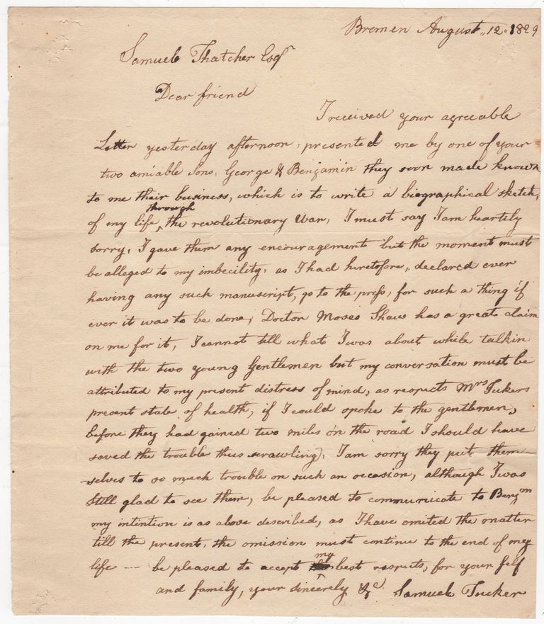Item #44762 [ALS] Commodore Samuel Tucker Explains to Samuel Thatcher That He has Promised the Materials for the Biographical Sketch of His Life to Moses Shaw. Samuel Tucker.