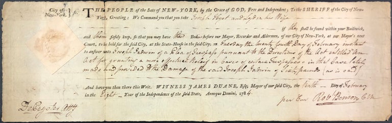 Item #44765 18th c. Court Warrant for Trespassing signed by former General Marinus Willett, Sheriff, and former Secretary of the New York Provincial Congress, Robert Benson (New City Clerk). New York City, Robert Benson, Marinus Willett.