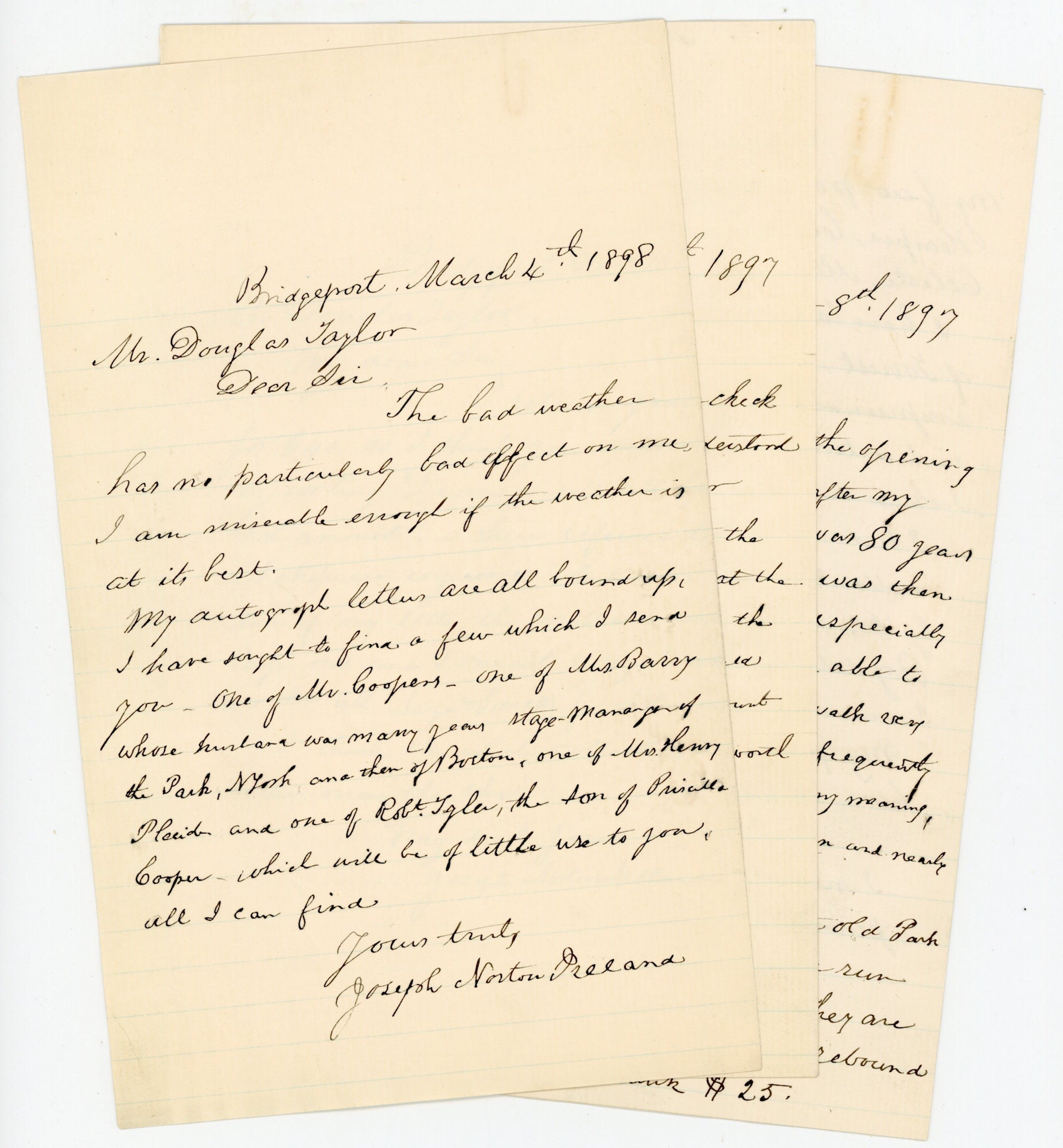 [Theater. Collecting] Ireland, Joseph Norton - [Small Archive] Three Letters from Joseph Norton Ireland, Offering to Sell His Collection to Fellow Theater Historian, Douglas Taylor
